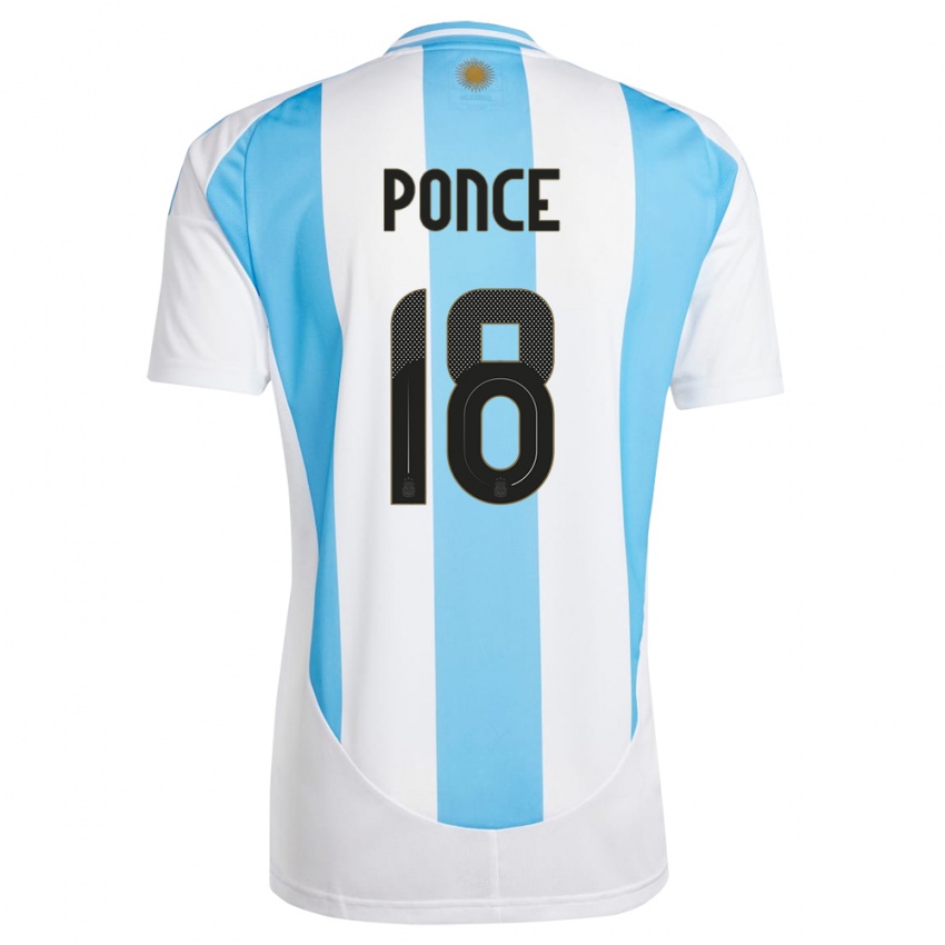 Heren Argentinië Ezequiel Ponce #18 Wit Blauw Thuisshirt Thuistenue 24-26 T-Shirt