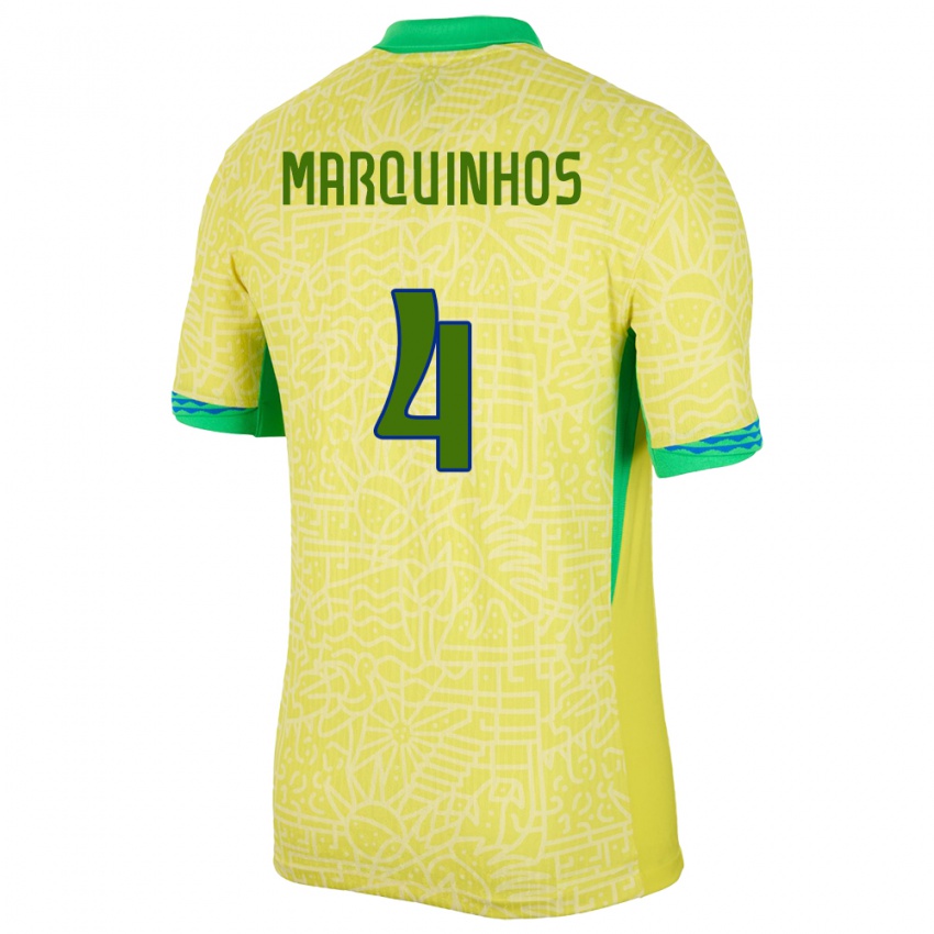 Dames Brazilië Marquinhos #4 Geel Thuisshirt Thuistenue 24-26 T-Shirt