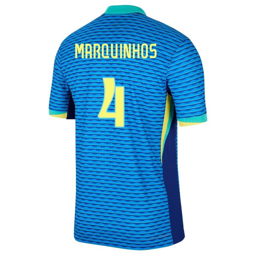 Dames Brazilië Marquinhos #4 Blauw Uitshirt Uittenue 24-26 T-Shirt